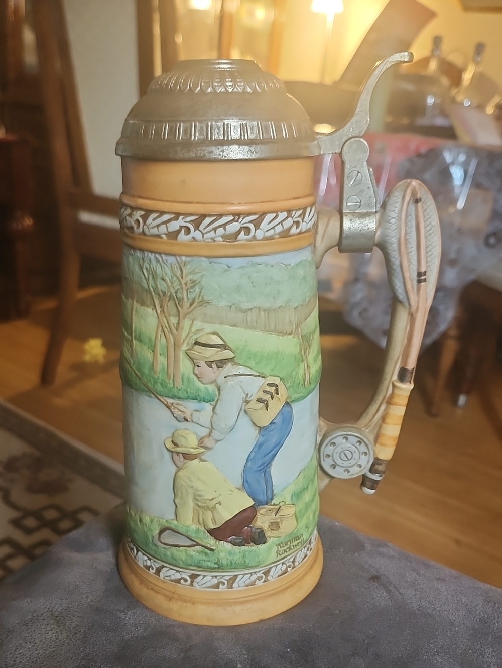 Norman Rockwell Ceramic Fishing Stein in Tan and Green with Pewter Lid, 1983